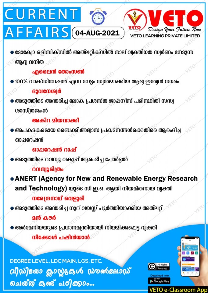 Current Affairs Kerala PSC Preliminary Exam